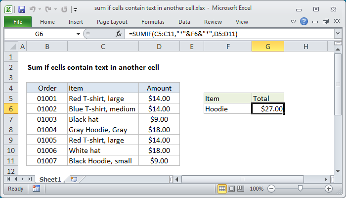 Excel Formula: Sum If Cell Contains Text In Another Cell | Exceljet